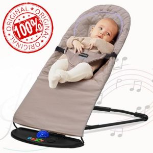 FK Sports Baby Bouncer Swing Chair Baby Rocker Adjustable for Newborn Kids with 3 Recline Position from Birth to 6 Months Soft Material Padded Neckrest Non-Slip Elements with Light and Music (Beige)