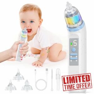 Baby Nasal Aspirator Nose Sucker: IPX6 Waterproof Electric Nose Cleaner with 5 Suction Level 3 Silicone Tips - Rechargeable Automatic Nose Suckers Music and Light Soothing Function for Newborn Toddle