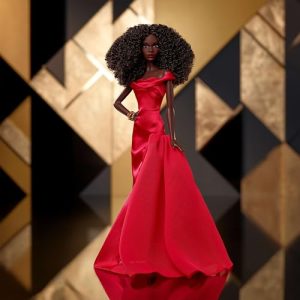 45th Anniversary Black Barbie by Kitty Black Perkins Collectible with Red Gown