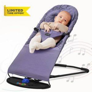 FK Sports Baby Bouncer Swing Chair Baby Rocker Adjustable for Newborn Kids with 3 Recline Position from Birth to 6 Months Soft Material Padded Neckrest Non-Slip Elements with Light and Music (Grey)