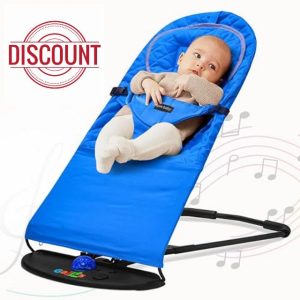 FK Sports Baby Bouncer Swing Chair Baby Rocker Adjustable for Newborn Kids with 3 Recline Position from Birth to 6 Months Soft Material Padded Neckrest Non-Slip Elements with Light and Music (Blue)