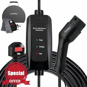 E-S1mple EV Charger Cable Type 2 To 3 Pin Plug 10m Ev Charger Type 2 Uk 3 Pin Plug With Control Lights Electric Vehicle Charger Type 2 To 3 Pin Charging Cable 10m With Cable Bag