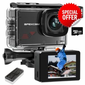 Apexcam M80 Action Cam with 64 GB Card 4 K 60 FPS 48 MP WiFi 40 m Ultra HD Underwater Waterproof Sports Camera 8 x Zoom Pre-Recording Wide Angle with 2 x 1350 Battery Accessories Ki