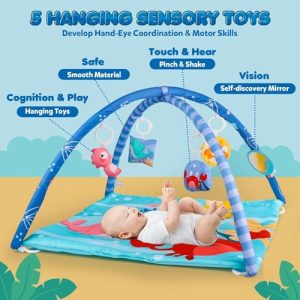 Floor Play & Newborn Activity | Folding Playmat with Mirror | for Babies 0-12 Months - Boys & Girls (Blue Ocean)