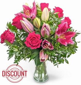 Rose and Lily - Fresh Flowers - Red Roses bouquet surrounded by Pink Lilies - Bouquet of Flowers - Brighten someone's day with flowers. (Medium)