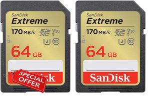 SanDisk 64GB Extreme SDXC card + RescuePro Deluxe up to 170 MB/s UHS-I Class 10 U3 V30 (Pack of 2)