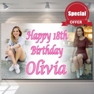 Personalised Happy Birthday Banner Backdrop Photo Blue Pink Black Customised Celebration Poster Fabric boy girl woman man Party Decorations