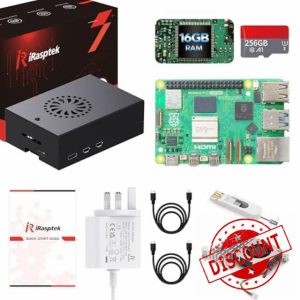 iRasptek Raspberry Pi 5 16GB Starter Kit - 256GB Edition of OS-Bookworm Pre-installed（Aluminum Case）