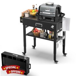 Portable Grill Table Cart with Adjustable Height (28" & 34") & 4 Swivel Wheels for Ninja Woodfire Grill (OG700 Series)