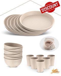 HOMGEN Camping Plates and Bowls Set 18Pcs Platsic Plates and Bowls Sets Unbreakable Pinic Dinner Set with Storage Bag for 6 Microwave & Dishwasher Safe Dinner Plates for Home Pinic