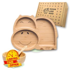Moon and Moo Bamboo Suction Hippo Plate & Bowl Set - Perfect Baby Gifts