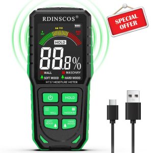 Rechargeable Pinless Moisture Meter Damp Meter for Walls with LCD Colour Display Non-Invasive Moisture Detector Digital Damp Tester for Caravan