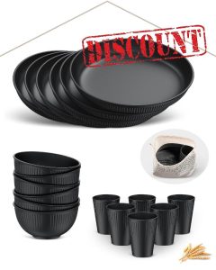HOMGEN Plastic Plates and Bowls Set - 18 PCS Unbreakable Tableware Set with Storage Bag - Reusable Plates Bowls Cups - Microwave & Dishwasher Safe Dinner Plates - Picnic Dinnerware Service for 6