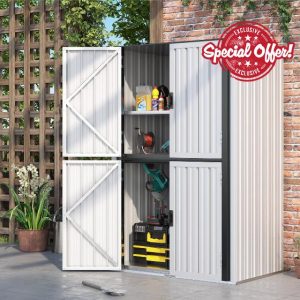 UNIONLINE Outdoor Tall Storage Garden Cabinet Shed with Adjustable Shelves | Weatherproof Outside Cupboard | Metal Garage Storage| 117x76x117cm| White