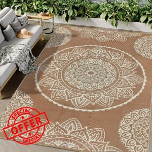 Famibay Large Outdoor Rugs for Garden Waterproof Reversible Outdoor Rug 180 x 270 cm Plastic Straw Rug Patio Carpet UV Resistant Portable Indoor Outdoor Area Rug for RV Balcony Picnic Brown Beige