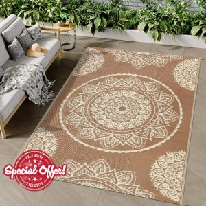Famibay Outdoor Rug Waterproof Plastic Straw Garden Rugs Reversible Outdoor Rug 120 x 180 cm Outdoor Patio Carpet UV Resistant Portable Indoor Outdoor Area Rug for RV Balcony Picnic Brown Beige