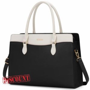 RAINSMORE Laptop Bags for Women 15.6 Inch Ladies Work Bag PU Leather Designer Laptop Handbag Large Laptop Tote Bag for School Computer Business Travel Black and White