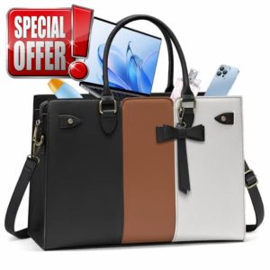 RAINSMORE Laptop Bags for Women PU Leather Work Bags for Women Tote Bag Large Handbag Shoulder Bag for Office 15.6 Inch Bussiness Black with White and Brow