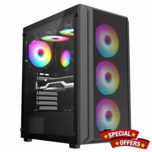 iONZ KZ10 PC Gaming Case Mid Tower ATX Tempered Glass With 4 x 120mm ARGB Fans - Black