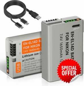 Palogreen 2 Pieces ENEL14 1650mAh Replacement Batteries with USB-C Charging Cable for Nikon D5600