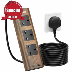 TOPREK Wood Grain 3 Way Extension Lead with USB Slots