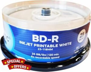 Pro-Series BD-R 25GB 6x HTL Full Face White Inkjet Printable Single Layer Recordable Blank Data Blu-Ray Discs 130 Minutes Cake Box/Spindle 18193 - 100 Pack