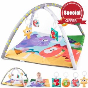 Soft Square Baby Play Mat with Foam Arches & Sensory Toys - Play Gym for Tummy Time