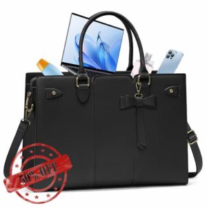 RAINSMORE Laptop Bags for Women PU Leather Work Bags for Women Tote Bag Large Handbag Shoulder Bag for Office Bussiness Black
