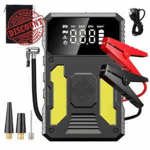 Car Jump Starter Power Pack with Air Compressor 6000A Portable Battery Charger Booster Jump Box Jumper Power Pack Emergency Start Power Bank with LED Flashlight & LED Display(Yellow)