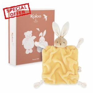 Kaloo - Yellow Rabbit Soft toy 24cm - Ultra-soft flat baby soft toy - Extra soft flannel fur - Knots with teat-clip function - Cuddly and educational companion from birth - K214011