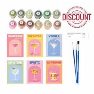 6 Pack Retro Cocktail Paint by Numbers Kit for Adults Beginner