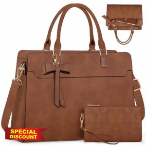 Rainsmore Women's 15.6 Inch Large Laptop Tote PU Leather Ladies Handbag with Clutch Bag Water Resistant Work Bags for Business Office School Casual Erasing Vintage Brow