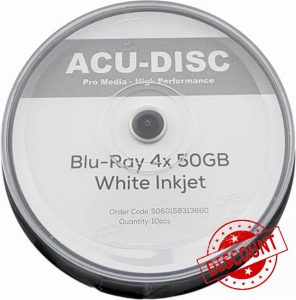 ACU-DISC Pro-Series BD-R 50GB 4x HTL Dual Layer DL BDR Full Face White Inkjet Printable Recordable Blank Data Blu-Ray Discs Cake Box/Spindle 18209 - 20 Pack