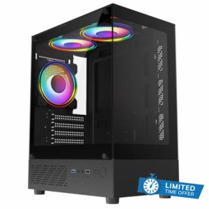 CiT Celsius Black Dual Tempered Glass Panelling Micro-ATX PC Computer Case With 3 x CiT Celsius Dual-Ring Infinity Fans Bundled & 6-Port PWM Fan Hub Included