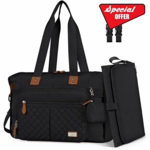 RAINSMORE Baby Changing Bags Nappy Tote Bag Waterproof Baby Diaper Bag for Mom and Dad with Pacifier Holder and Portable Changing Mat Black