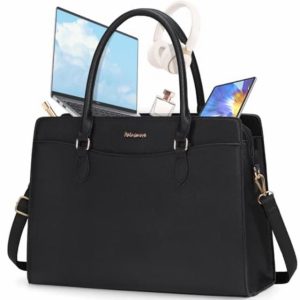 RAINSMORE Laptop Bags for Women 15.6 Inch Ladies Work Bag PU Leather Designer Laptop Handbag Large Laptop Tote Bag for School Computer Business Travel Black