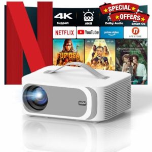 [AI MOVIN OS Netflix Officially&Dolby]Smart 4K Projector with WiFi6 and Bluetooth-800ANSI Native 1080P Lisowod Portable Home Cinema Projector with Electric Focus&Keystone