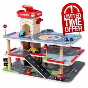 Wooden Toy Garage for Children 3+ Years with Cars Kids Car Ramp Parking 3 Level Car Park Gift Playset with Lift and Road Signs