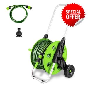 50M Hose Trolley Assembled Cart Hose Reel Cart Trolley Spray Garden Hosepipe with Adjustable Handle Nozzle Wheel Freestanding Outdoo