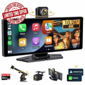 Upgrade 4K Car Play Screen for Car 350° Rotatable Camera 10.26" Wireless Apple Carplay & Android Auto Carplay Screen with Dashcam Reversing Camera Dual Bluetooth Mirror Link Voice Control Navigatio