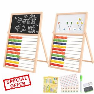 Ranqibo Wooden Abacus for Kids Math - Double-Sided Blackboard Whiteboard Magnetic Abacus for Toddlers 1-3 with 100 Magnetic Number & Fruit Stickers - Educational Counting Games Kids Gif
