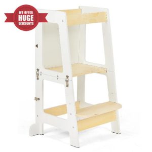 M.J COMFY-LIFE Toddler Tower Kitchen Helper Kids Step Stool with Black & Whiteboard Toddler Learning Tower Kids Step Stool & Mini Desk with Safety Rail (White)