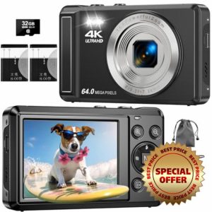 ZMOQNG Digital Camera 4K 64MP Autofocus with 32GB SD Card