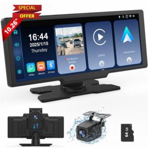 Portable Wireless Carplay Screen with Dashcam - Lehwey 10.26 Inch A-pple Car Play Tablet with 4K Front Dash Cam & 1080P Rearview Backup Camera