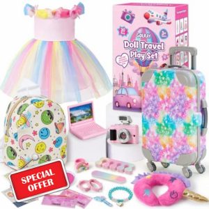 Tacobear 19Pcs 18 Inch Girl Doll Accessories Travel Play Set with Suitcase Clothes Dress Backpack Neck Pillow Camera