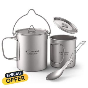 New Lightweight Titanium 3 Pieces Set Titanium 750ml Pot 450ml Water Cup Mug with Lid Collapsible Handle Folding Spork for Outdoor Camping Hiking Backpacking