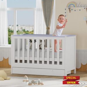 Cot Bed Bedside Baby Crib with Changing Table Toddler Bed for Baby with Adjustable Base Teething Rail Large Drawer Convertible Baby Bed Nursery Furniture Newborn Essentials up to 3 Years (White)