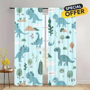 SMXVRC Blue Dinosaur Blackout Curtain Nordic Animal Plant Print Window Drapes with Black Liner Room Darkening Thermal Insulated Window Curtains for Living Room Bedroom W46.2 x L54.3 x 2 Panels