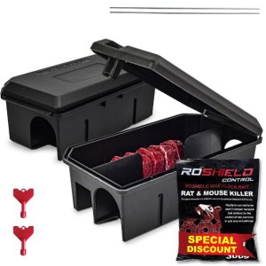 ROSHIELD - 2X PRE-BAITED Anti Rat Solution Kit | Pre Bait Box Rat Trap + 300g Refill blocks | indoor/Outdoor Fast & Safe Infestation Control | Rat Poisoning Super Strength | READY TO USE | 2Pack+300g