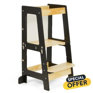 Toddler Tower Kitchen Helper Kids Step Stool with Black & Whiteboard Foldable Toddler Learning Tower Kids Step Stool & Mini Desk with Safety Rail (Black)